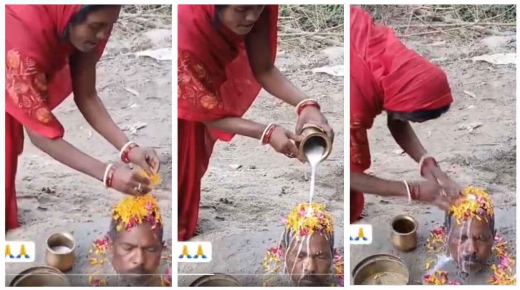 Shivalinga Pooja on husband's head