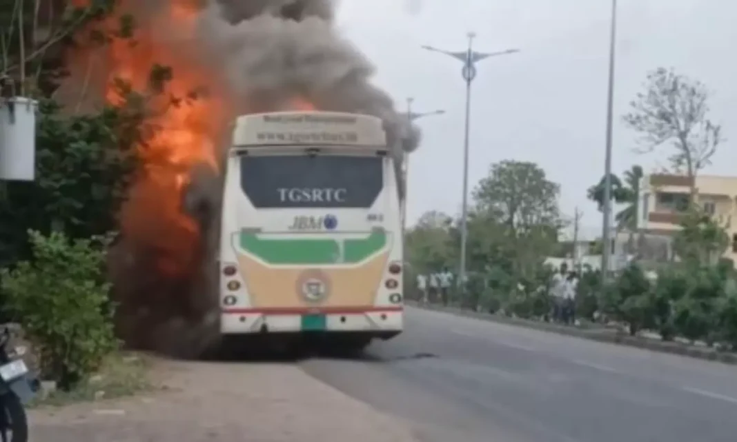 Electric RTC bus caught fire Karimnagar