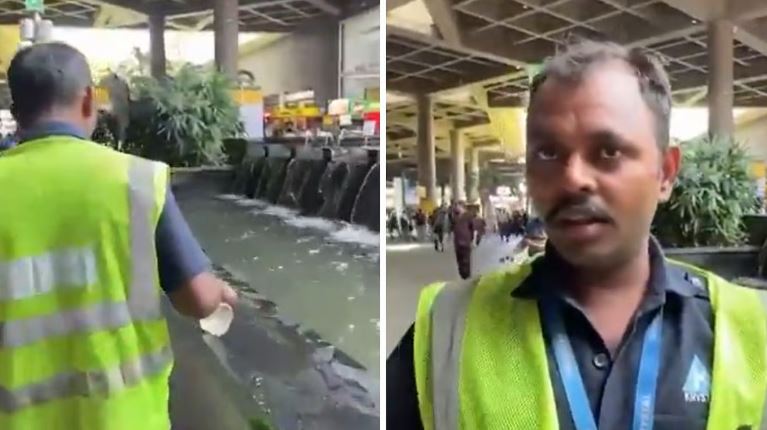 Mumbai airport viral video staff pouring water