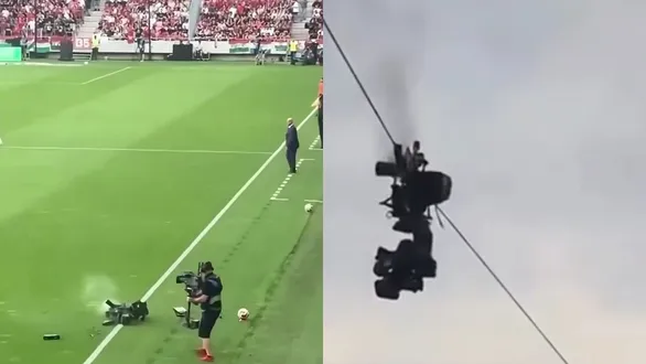 Spidercam crashes Hungary Kazakhstan football match