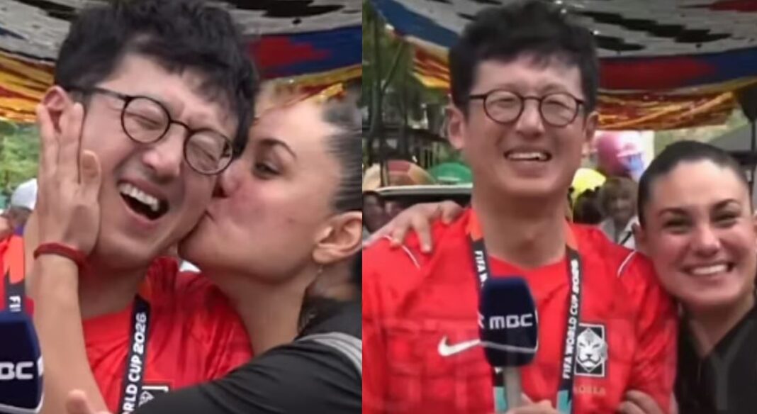 Woman kisses South Korean reporter